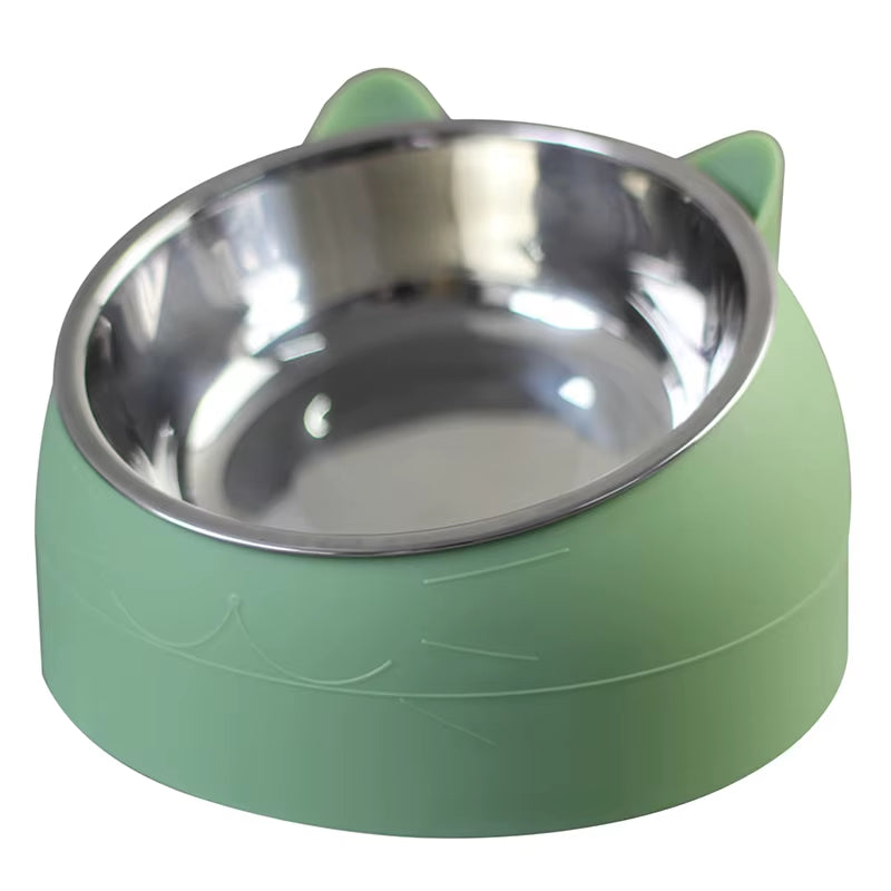 Stainless Cat Bowls Non-Slip Base Pets Puppy Cats Food Drink Water Feeder Neck Protection Dish Pet Bowl 200Ml 15 Degrees Tilted