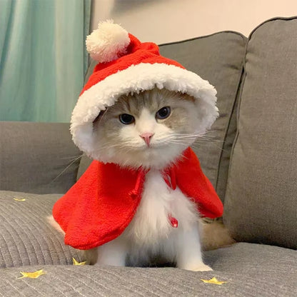 Funny Cat Christmas Costume Santa Cosplay Pet Christmas Cape Dress up Clothes Warm Red Scarf Cloak with Hat Pet Accessories