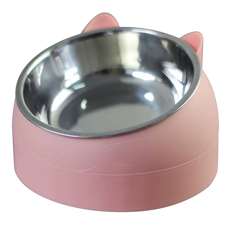 Stainless Cat Bowls Non-Slip Base Pets Puppy Cats Food Drink Water Feeder Neck Protection Dish Pet Bowl 200Ml 15 Degrees Tilted