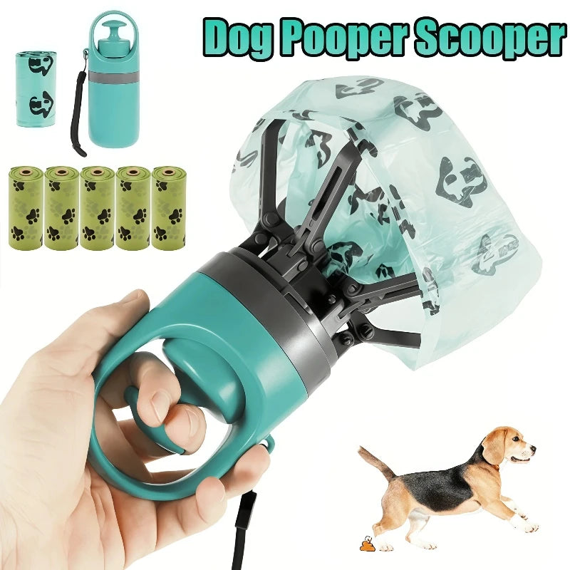 Portable Dog Pooper Scooper Outdoor Pet Waste Pick-Up Cleaner Built-In Garbage Bag Handheld Pet Poop Grabber No Touch Design