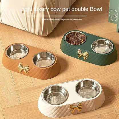 Pet Supplies Bow-Tie Bowknot Cats Food Bowl PP Base Dog Bowl Stainless Steel Double Pet Accessories Feeding Drinking Double Bowl
